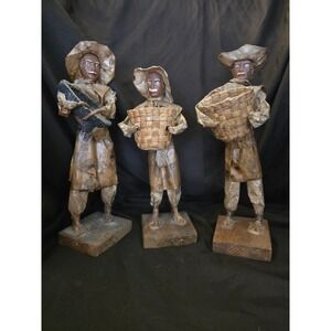 Vintage Mexican Folk Art Corn Husk Paper Mache Figurines Set of 3 Villagers 12in